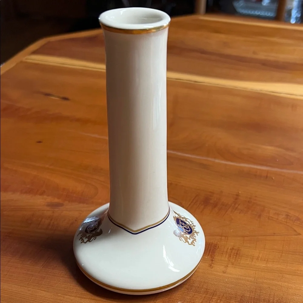 Fraternity Athena Alpha Theta Hall Flower Bud  Vase Cream Gold Blue Logo USA AOE - Picture 3 of 7